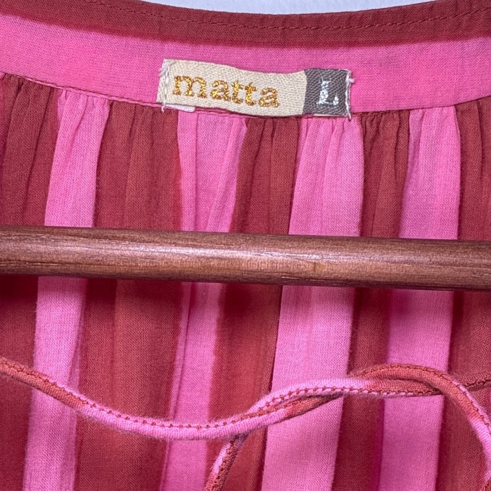 Matta Midi Dress Tiered Pink Red Stripe Long Sleeve Boho Vacation Resort Large - Picture 5 of 8